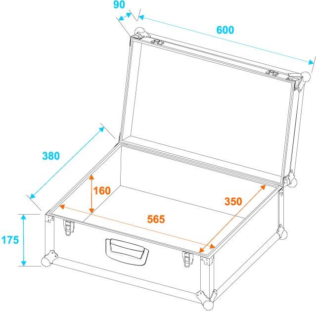 An open suitcase with dimensions: Width 600 mm, Depth 380 mm, Height 175 mm. Internal dimensions: Depth 160 mm, Width 565 mm, Height 350 mm.