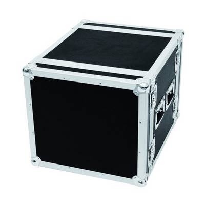 'Black flightcase cube with silver edges and handles. Robust equipment transport case.'