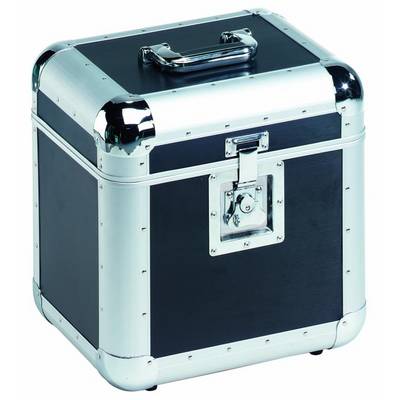 Metal briefcase with a black interior and silver corners, handle on the top and lock on the front.