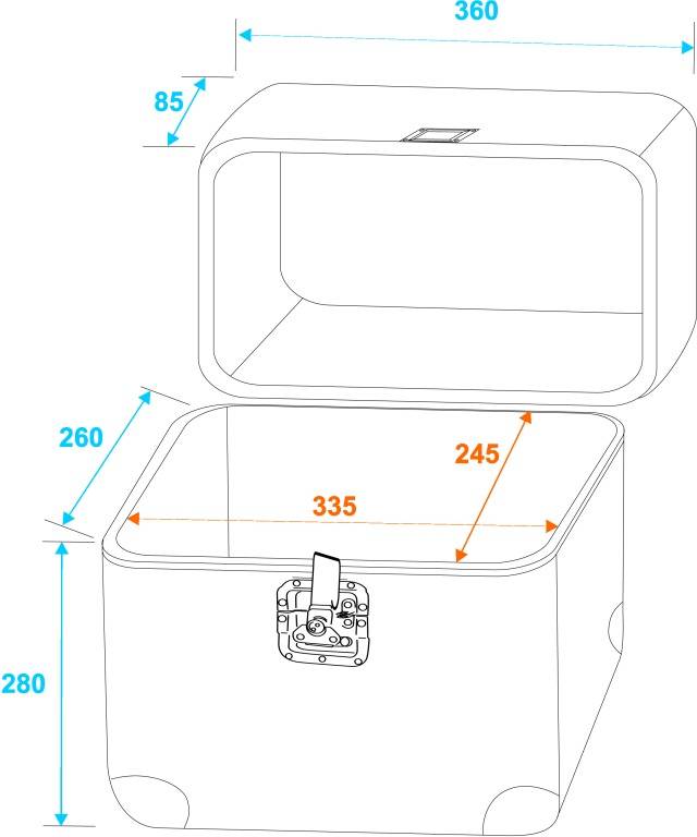 Cuboid container with open lid. Internal dimensions: 335 mm wide, 245 mm deep, 260 mm high. External dimensions: 360 mm wide, 280 mm high.