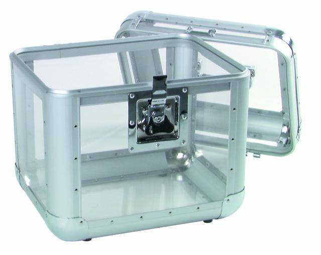 Transparent, rectangular metal box with a hinged lid and metal lock, open.