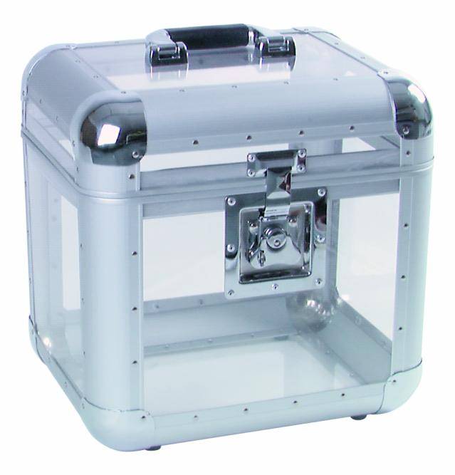 Transparent plastic box with metal frame and handle, secured with a silver lock. It is frequently used for secure storage.