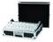 A silver audio mixing desk in a half-open black flight case. It displays buttons and controls on the top surface.