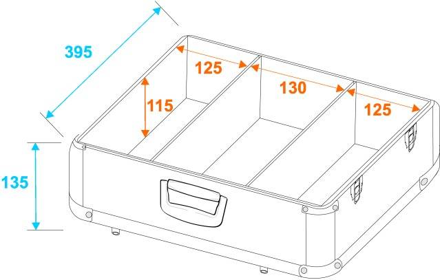 Diagram of an open suitcase with three compartments, dimensions: width 395 mm, height 135 mm, compartment sizes: 125 mm, 130 mm, 125 mm.