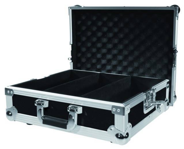 A black, open case with a silver trim and foam lining, suitable for securely transporting delicate items.