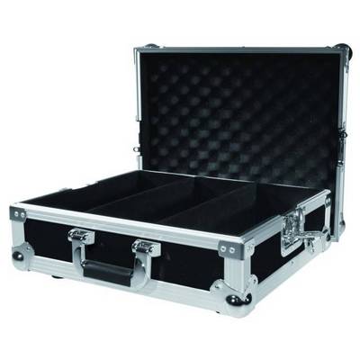 A black, open case with a silver trim and foam lining, suitable for securely transporting delicate items.