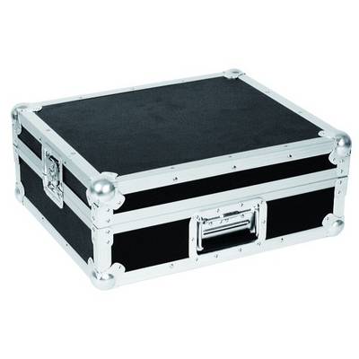 A black transport case with silver metal corners and edges. The case has a carrying handle and is used for secure storage.