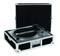 A silver-coloured turntable by Omnitronic in an open black transport case on a white background.