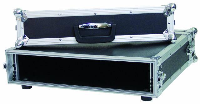 An open, empty transit case made of metal and plastic, used for protecting electronic devices or equipment.