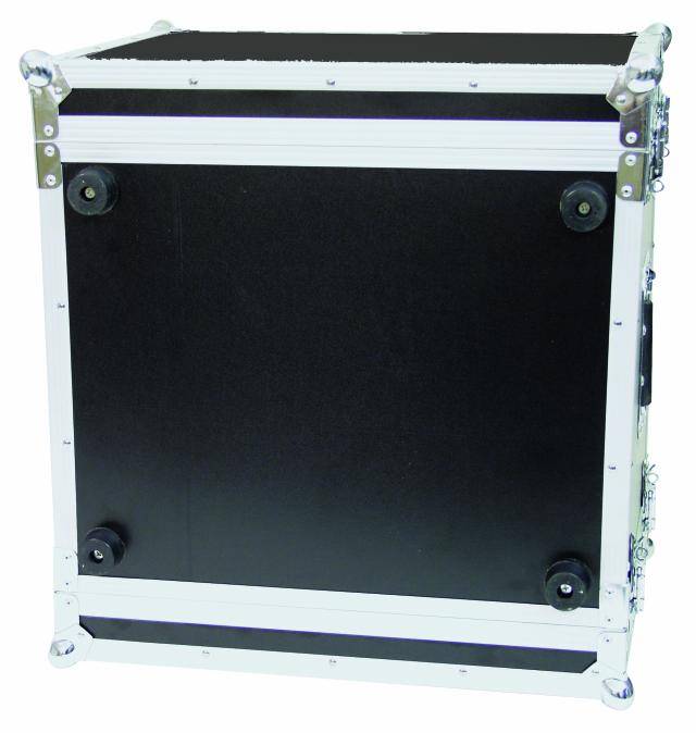 Black flight case with metal corners and carry handles, standing on castors.