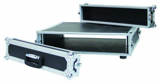 Open rack enclosure with removable covers, suitable for securely storing audio equipment; black with metal corners.