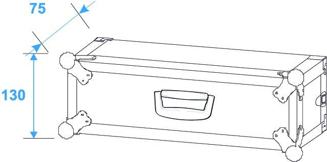 Sketch of a rectangular container with a handle. Height 130 mm, top width 75 mm. Suitable for illustrating dimensions.