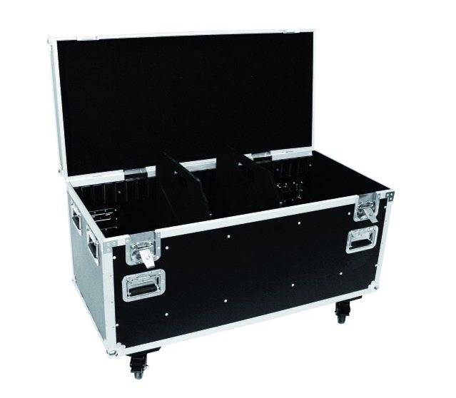 Black rolling suitcase with open lid, showing internal storage space and dividers. Ideal for transporting delicate equipment.