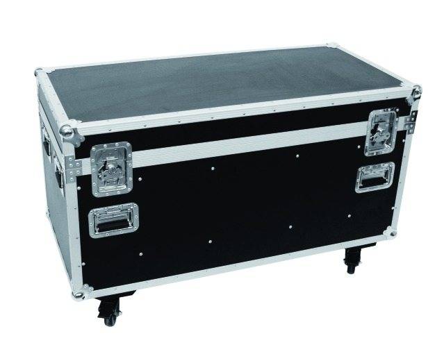 Black transport case with silver edges and wheels, suitable for the safe transportation of delicate equipment.