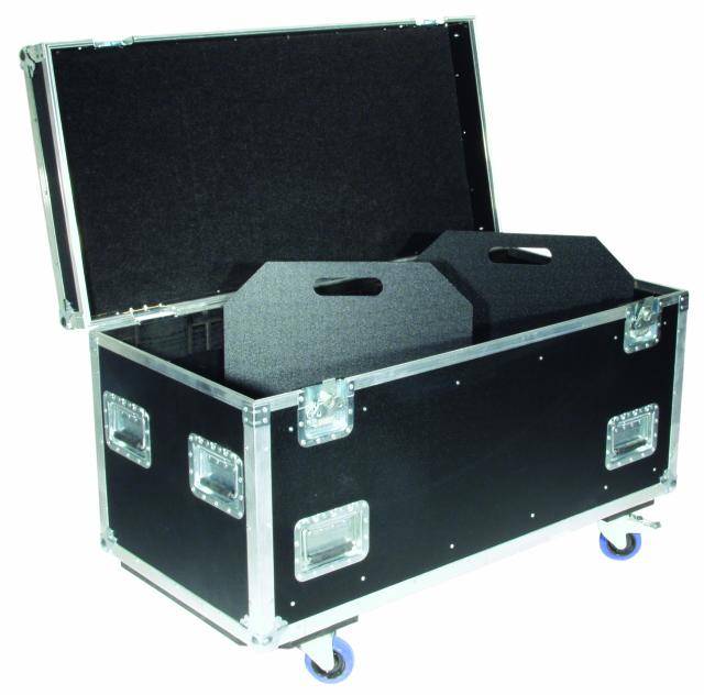 Opened, black transport case on wheels with two removable inserts featuring grip openings.