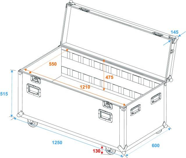 Open transport crate with wheels and handles; External dimensions: 1250 x 600 x 515 mm; Internal dimensions: 1210 x 550 x 475 mm.
