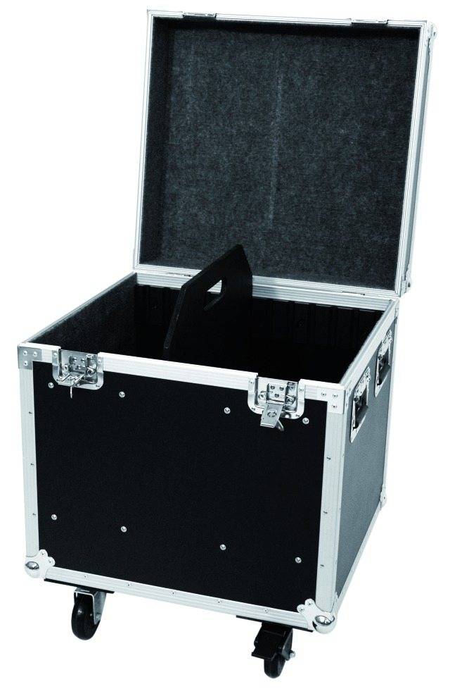 Black transport case with open lid, foam interior padding and wheels. Suitable for secure transportation of sensitive equipment.