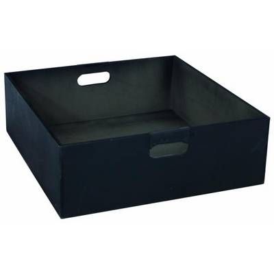 Black rectangular box with open handles on two sides, suitable for storing or transporting items.