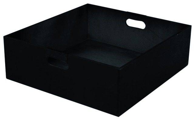 Black rectangular box with two handle openings on the sides, suitable for storage or transportation.