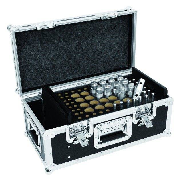 Open black toolbox with various cylindrical tools and inserts in different sizes.