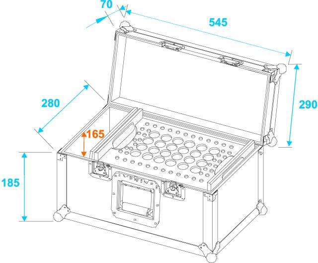 Technical drawing of an open box with specific dimensions in millimetres. Includes recesses and a handle on the front side.