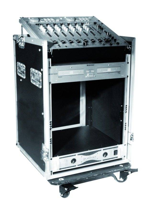 An open, portable DJ rack with an integrated mixing desk, multiple controls and an empty compartment underneath, mounted on castors.