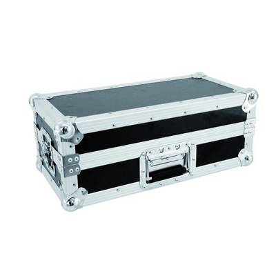 A black flightcase with silver edges and metal corners, suitable for transporting delicate equipment or devices.