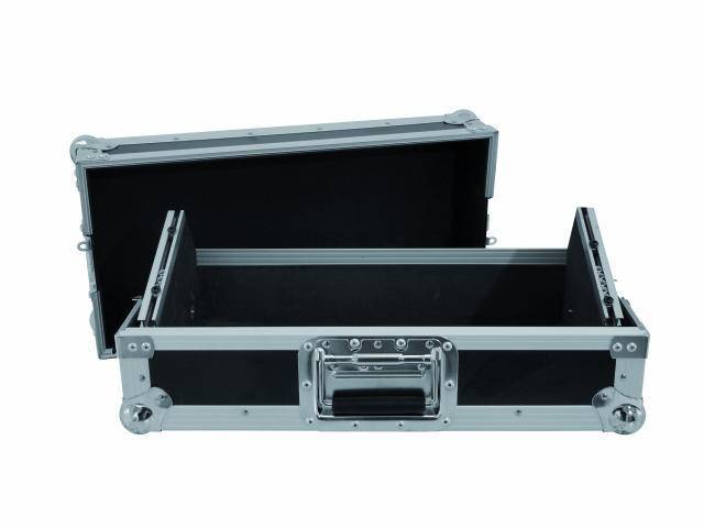 A vacant, open black transport case with silver metal edges and a hinged opening, placed on a white surface.