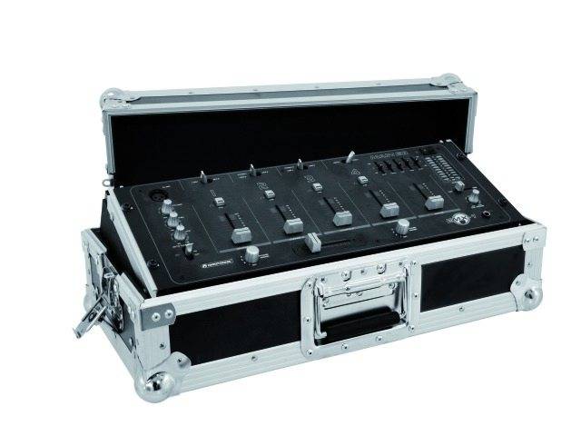 DJ mixing desk in an open transport case, showing various controls and switches for music management, suitable for DJs and event organisers.