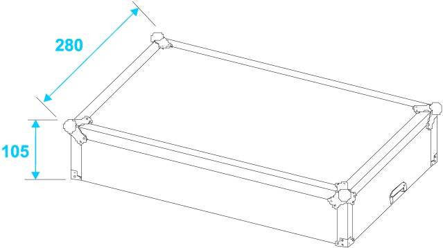 Box with dimensions: Width 280, Height 105. Rectangular shape, reinforced corners, handle on the side.