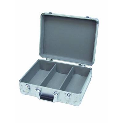 Open silver suitcase with three padded compartments. Suitable for storing delicate items.