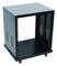 Black, empty metal rack cabinet with perforated side walls and castors, suitable for mounting electronic equipment.