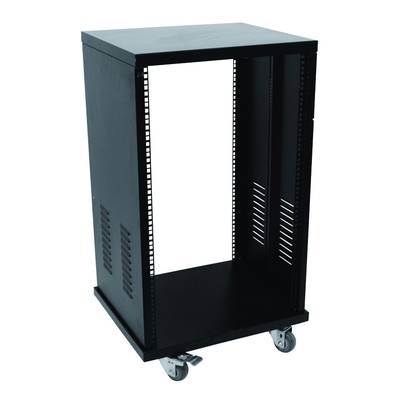 A black, open server rack cabinet on wheels, unequipped, with ventilated side panels.