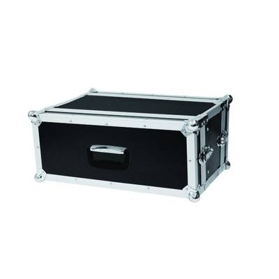 Black transport case with silver metal corners and a handle in the centre. Suitable for the secure transportation of delicate items.