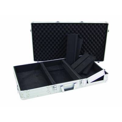 An opened aluminium case with foam inserts inside. The case has adjustable compartments for secure transportation.