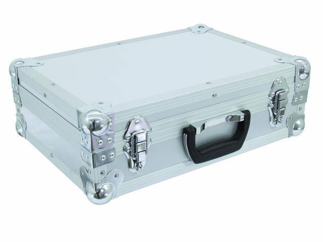 Silver aluminium case with a black handle on a white background.