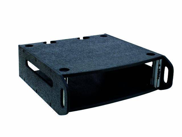 A blank, black loudspeaker or subwoofer enclosure part made from robust material, suitable for installing audio equipment.