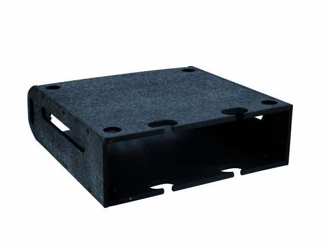 A black, rectangular step block with a non-slip surface and side grip openings, used for fitness exercises.