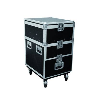 A black metal transport case with silver edges and four wheels, divided into two sections, suitable for secure transportation.