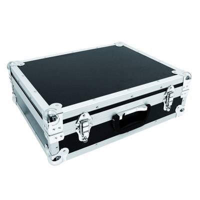 A black transport case with silver corners and fastenings. The case has a handle on the front.