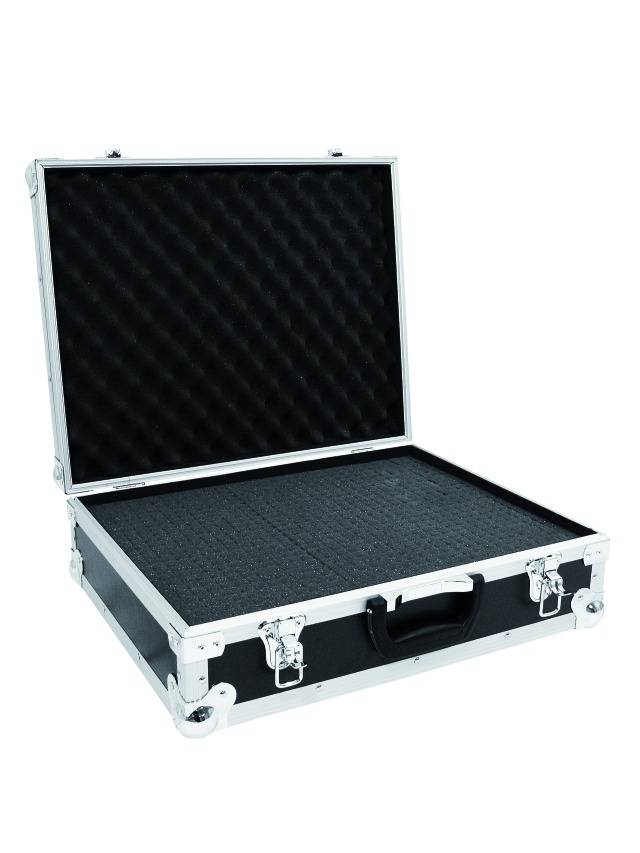 Black, open aluminium case with foam inserts for protecting items, silver hinges and locks.