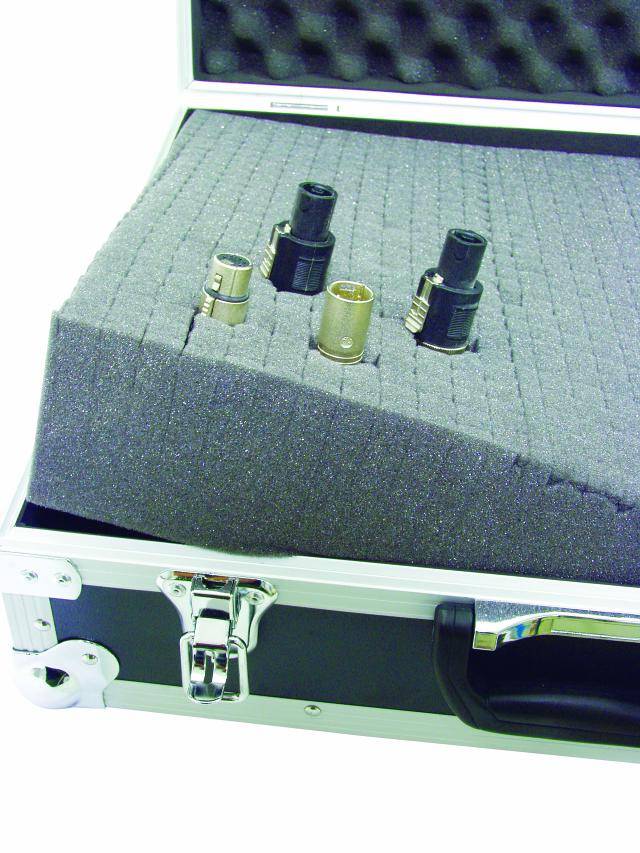 'Metal case with corrugated foam interior that secures four different metal adapters for safe storage.'
