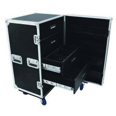 Black wheeled transport case with multiple open drawers and compartments for storing equipment.