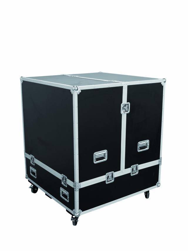 Black transport case with silver edges and fastenings, standing on wheels, for the secure transportation of equipment.