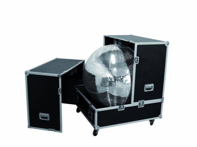 A large disco ball in an open, black and silver cabinet with wheels, ready for transportation.