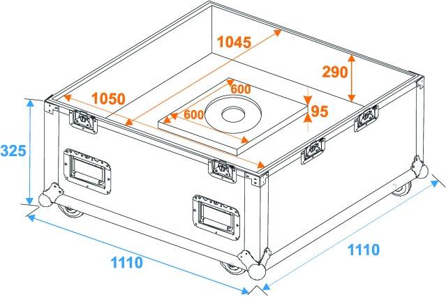 Diagram of a rectangular box with wheels, showing dimensions: 1110x1110x325 mm external, 1045x1050x290 mm internal, 600 mm opening.