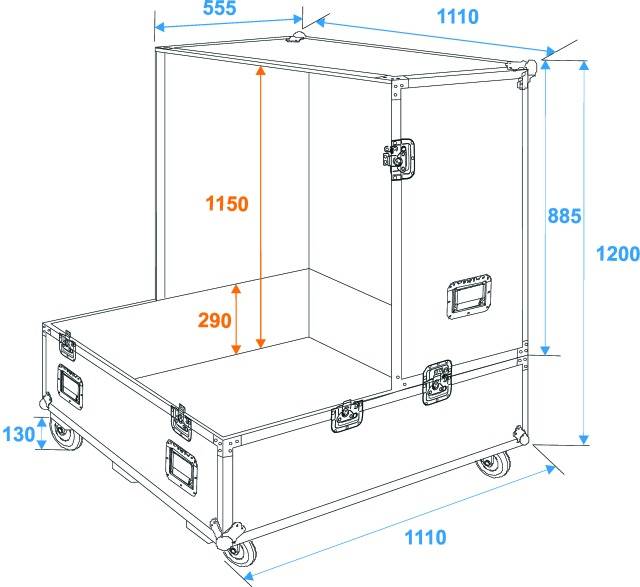 3D sketch of a transport case with open doors. Dimensions stated: width 1110 mm, depth 555 mm, height 1200 mm.