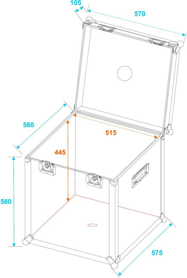 Figure of an open square container with dimensions: Width 570 mm, Depth 560 mm, Height 560 mm. Internal width 515 mm, Depth 445 mm.