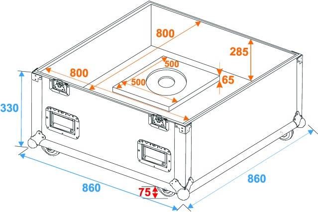 Technical drawing of a rectangular box with castors. Dimensions are 800x860x330 mm. Interior has an opening of 65 mm diameter.