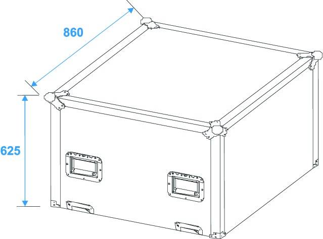 Figure of a rectangular transport case with dimensions of 860 mm width and 625 mm height, shown in a technical drawing.